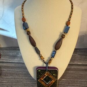 Vintage Wood Beaded Necklace with Mosaic Pendant